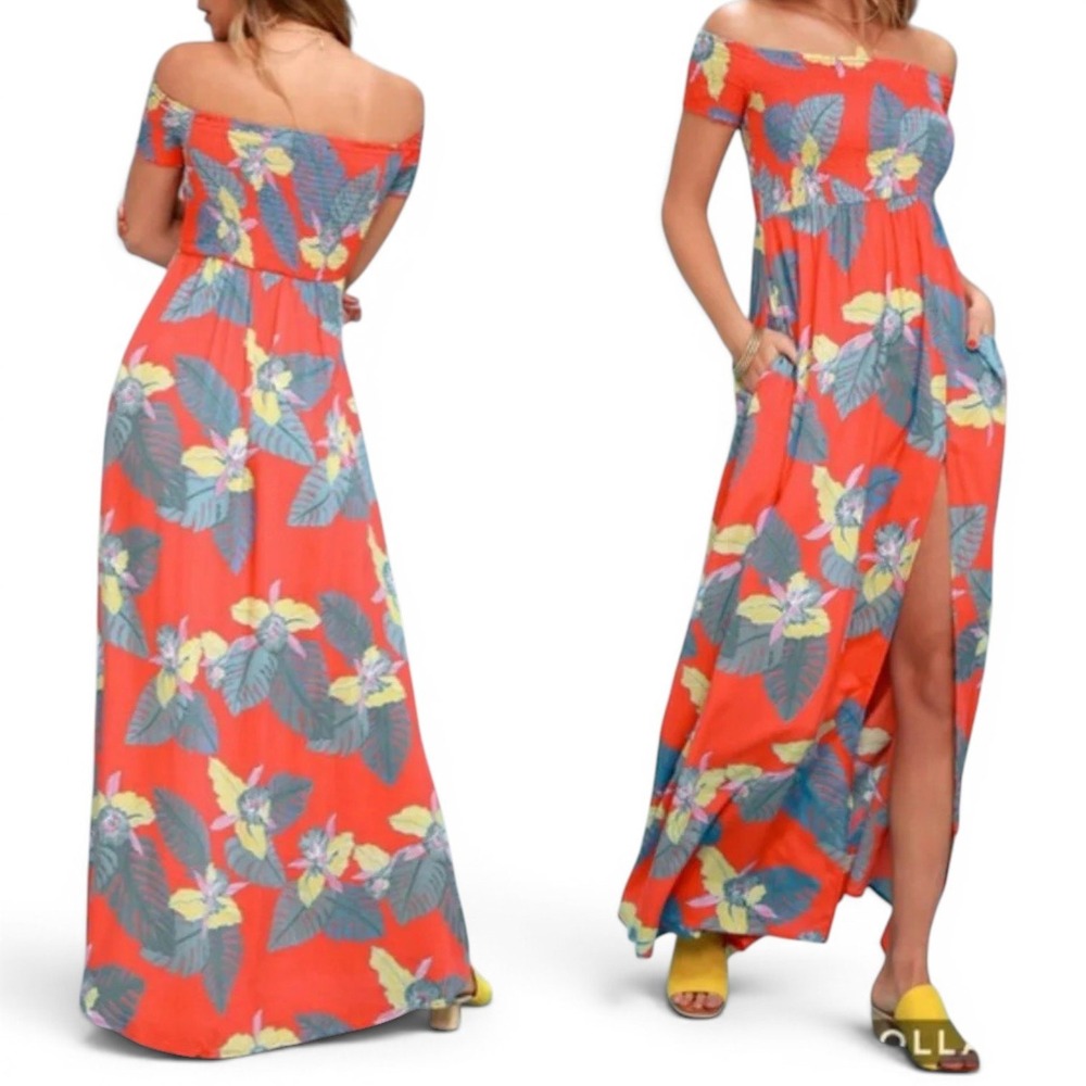 Lulus Tropical Smocked Slit Maxi‎ Dress Womens S Floral Hawaiian Vacation Resort